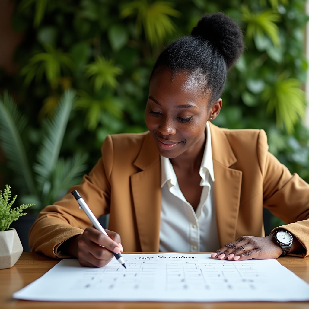 Berufstätige Person plant ihre Woche am Schreibtisch mit Kalender